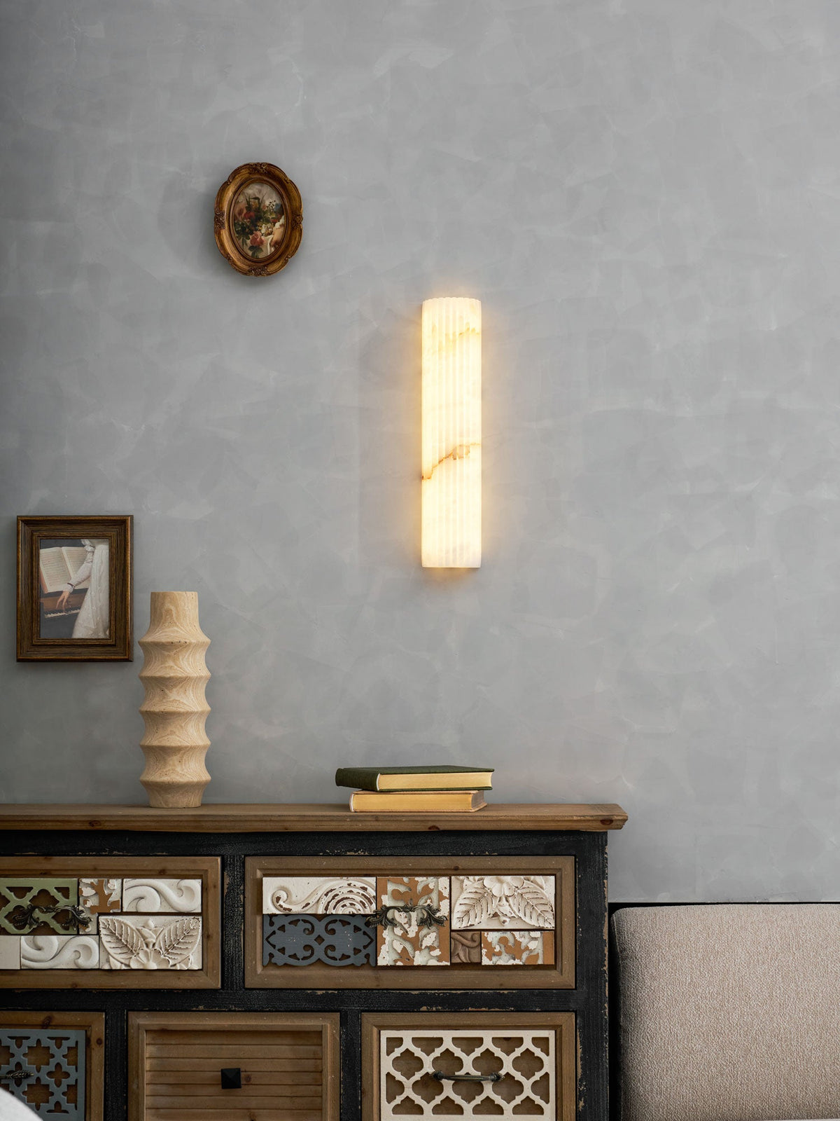 Ribbed Alabaster Wall Sconce, Dimmable LED Stone Wall Light