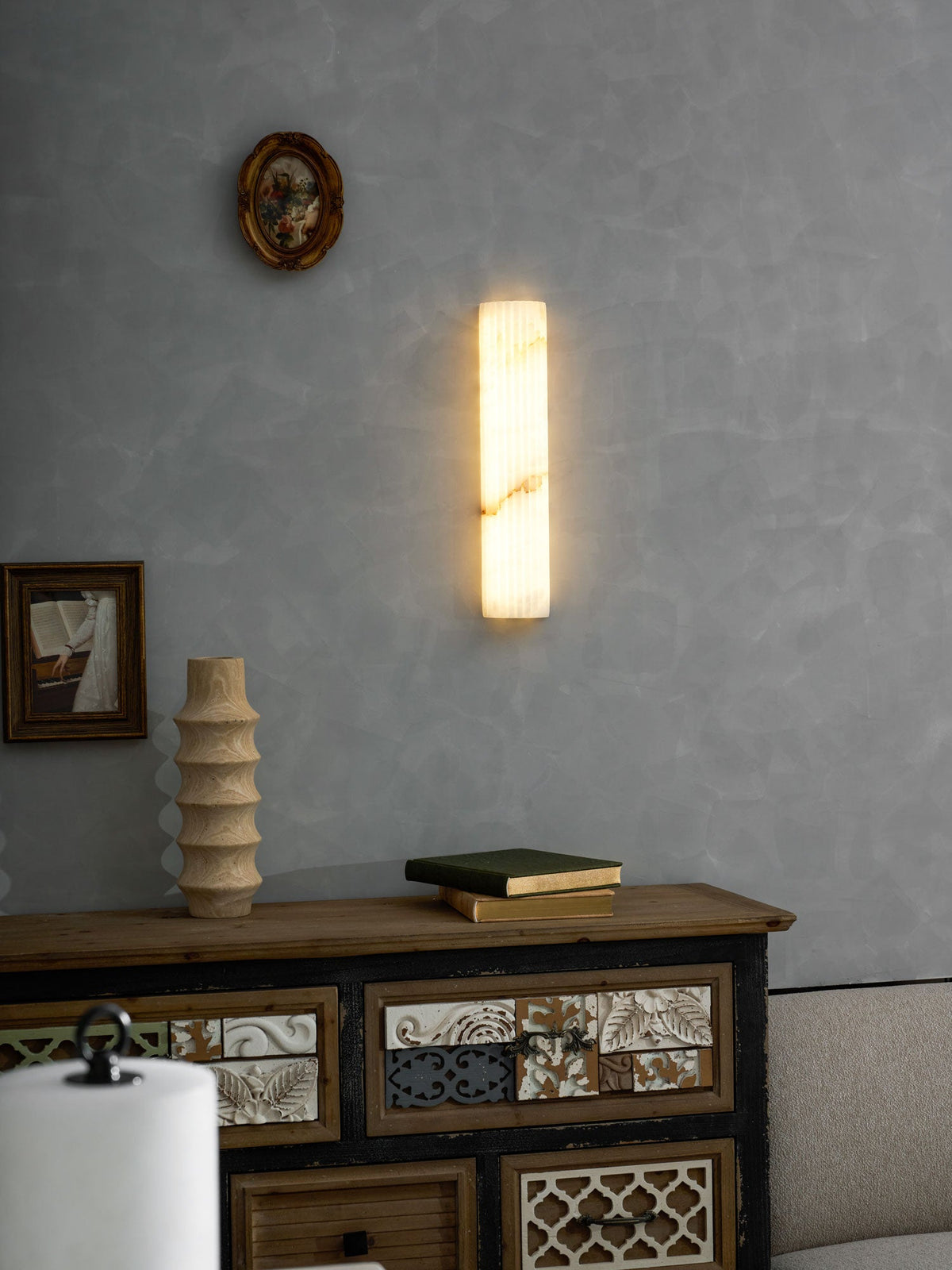 Ribbed Alabaster Wall Sconce, Dimmable LED Stone Wall Light