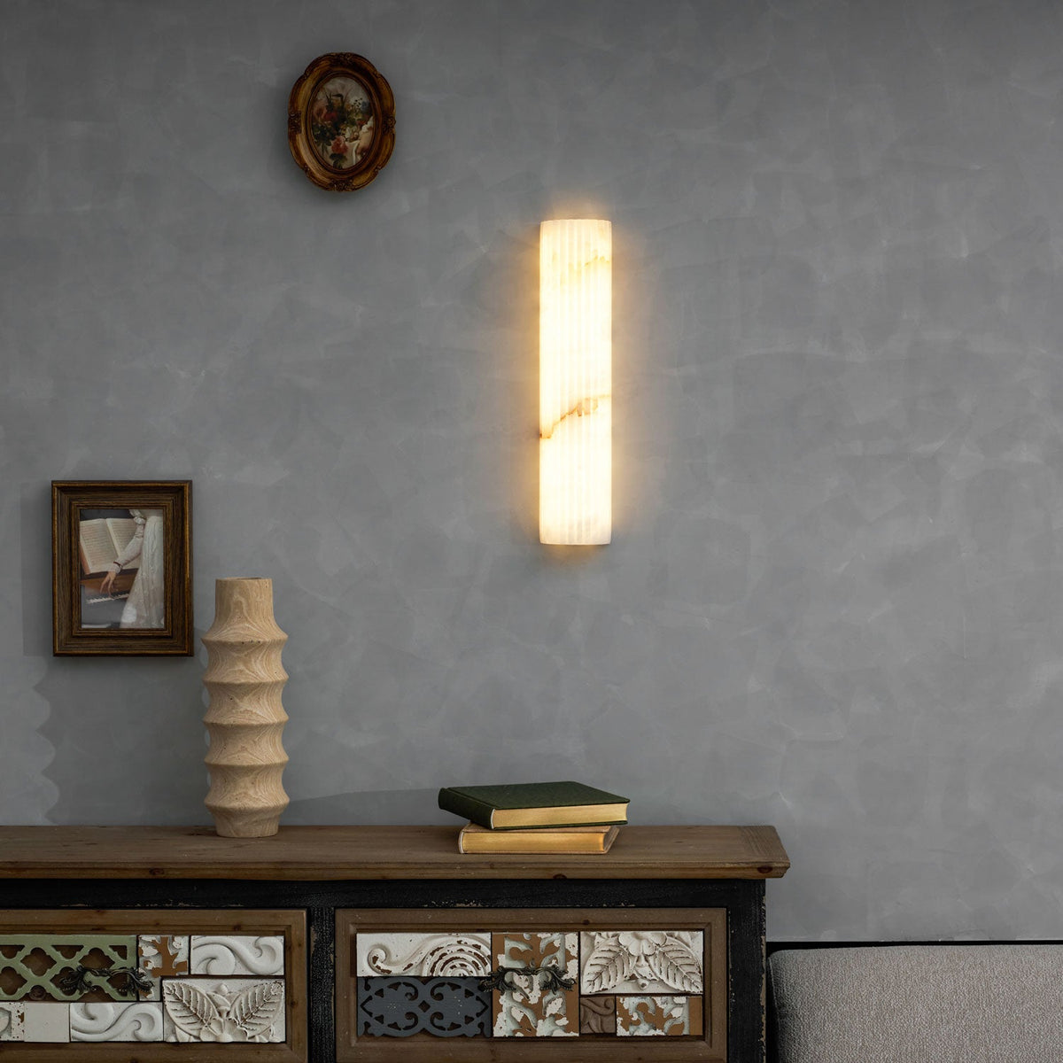 Ribbed Alabaster Wall Sconce, Dimmable LED Stone Wall Light