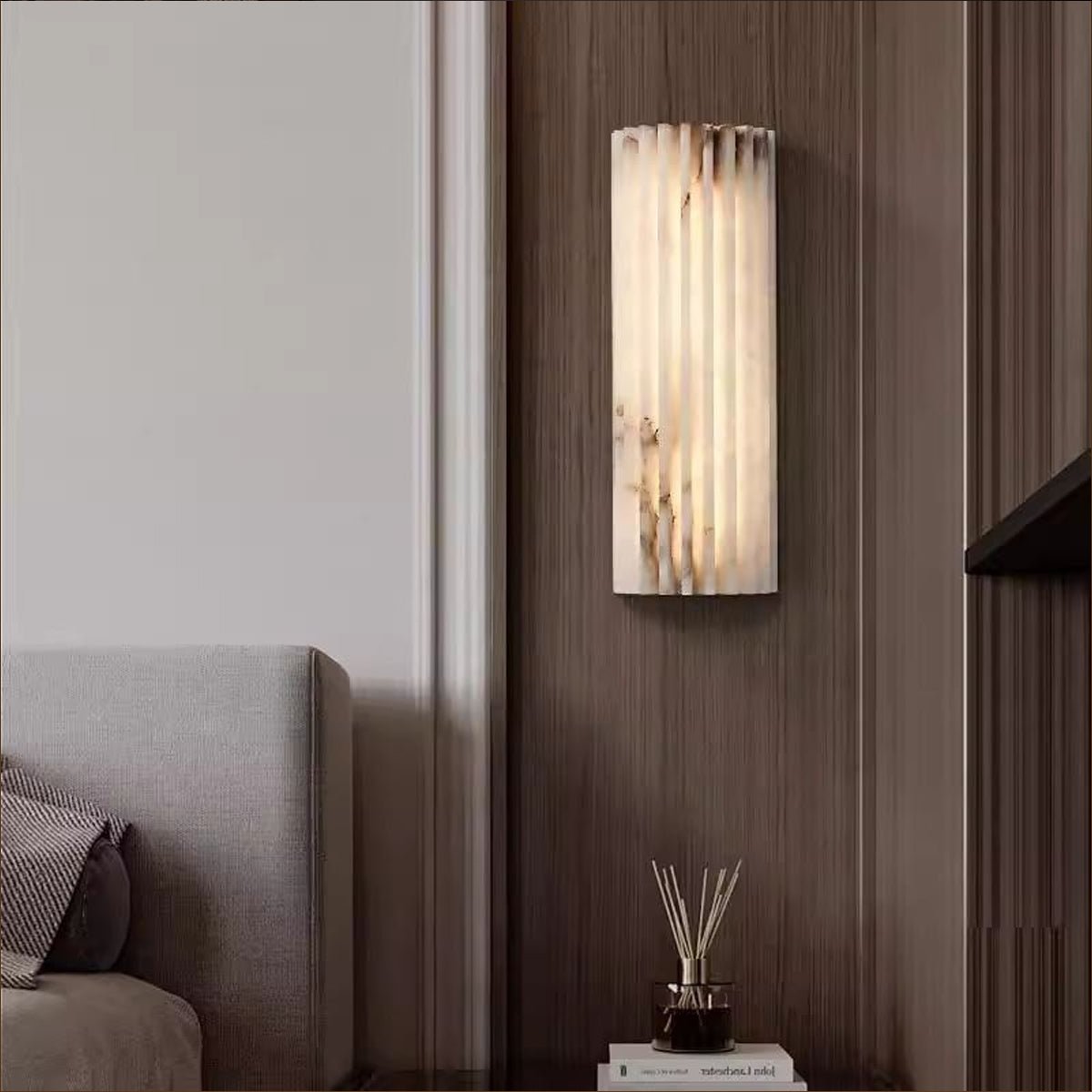 Ribbed Alabaster Wall Sconce, Dimmable LED Stone Wall Light