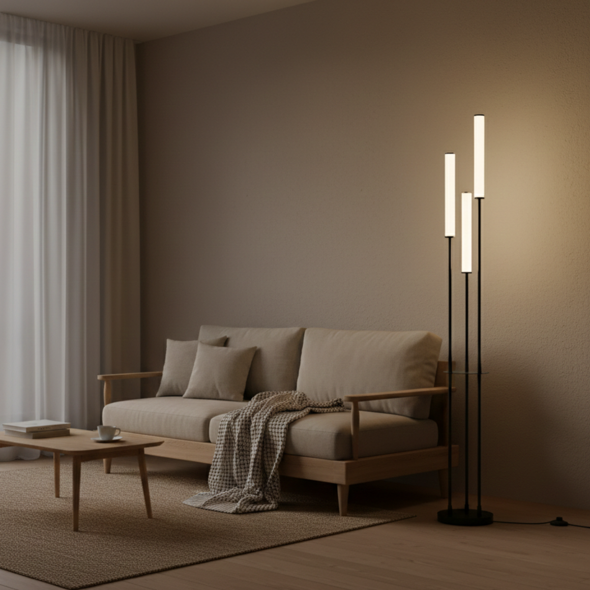LED Floor Lamp, Slim 3-Light Black Dimmable with Remote