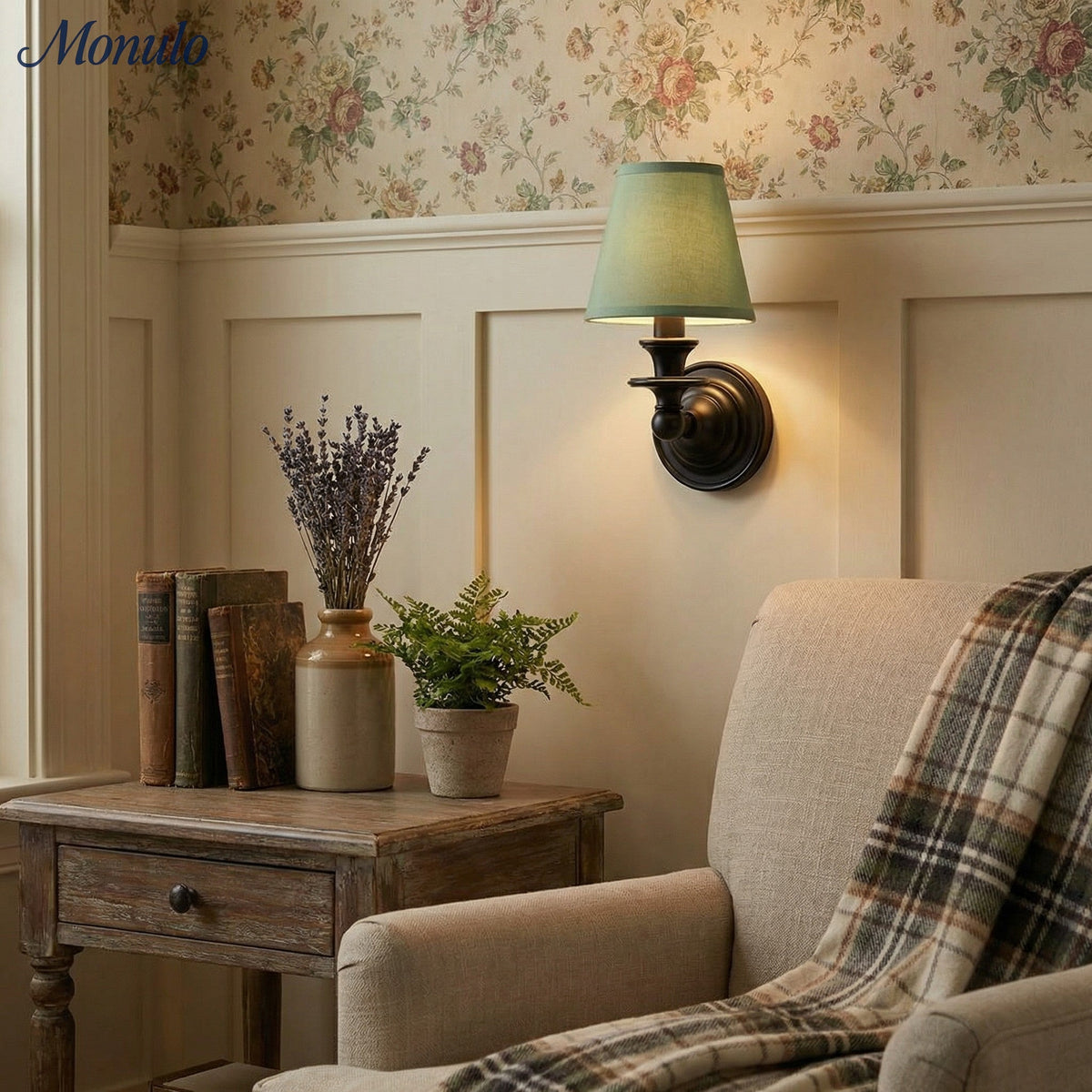 Linen Drum Shade Wall Sconce, Farmhouse Bedroom Wall Lamp