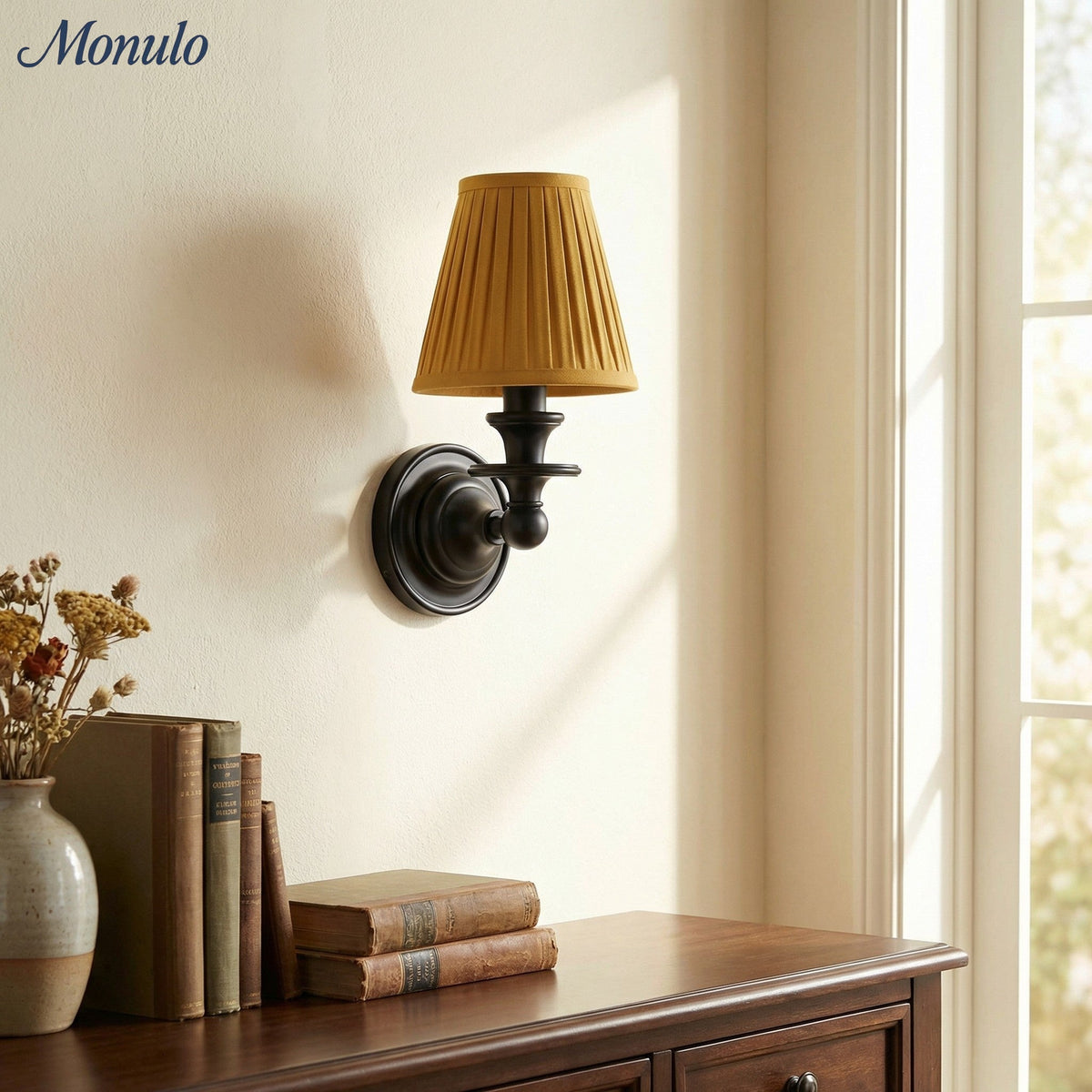 Linen Drum Shade Wall Sconce, Farmhouse Bedroom Wall Lamp