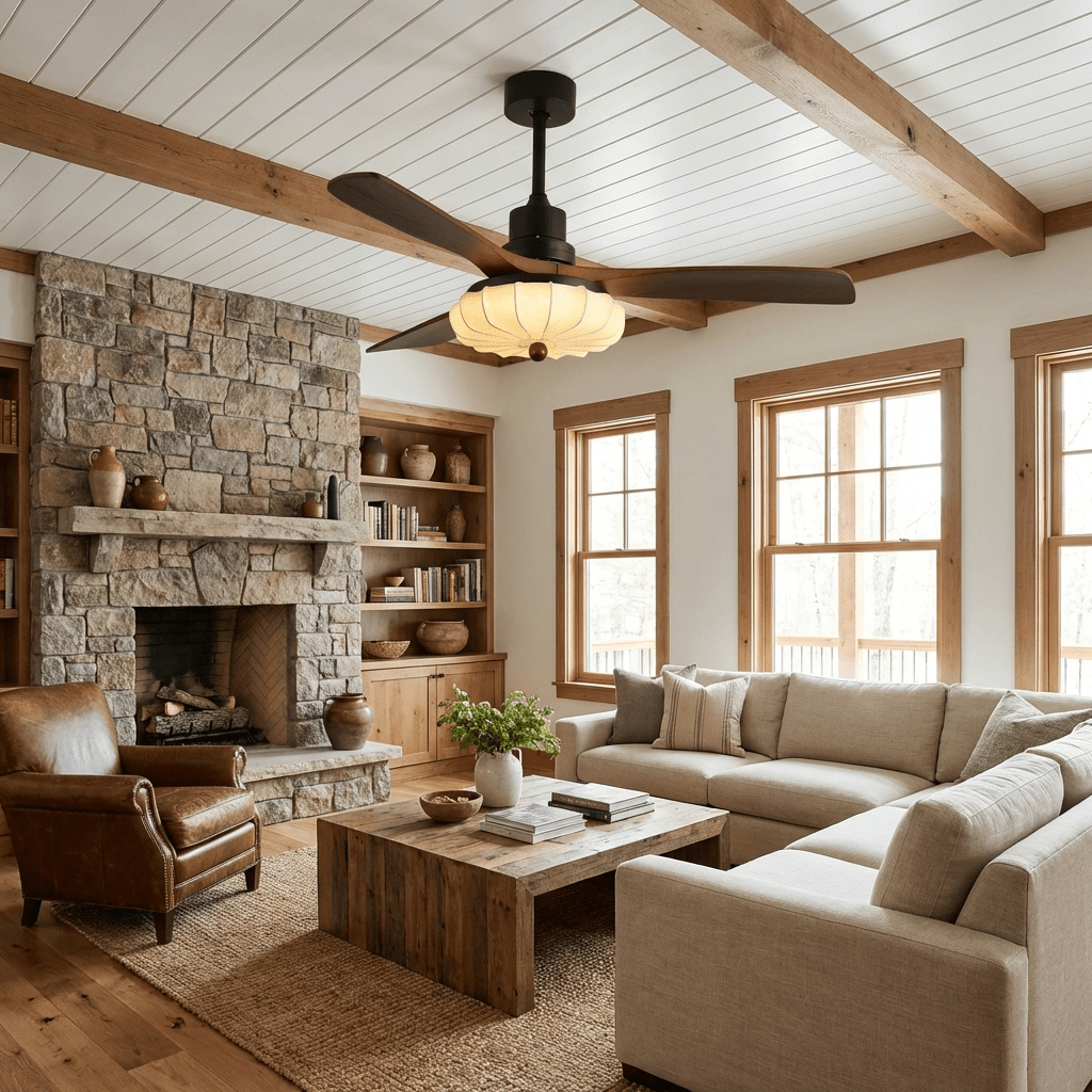 Fabric Shade Ceiling Fan with Light, Walnut Blades DC Motor