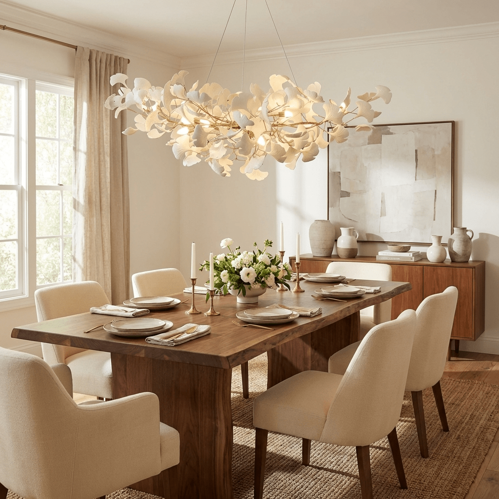 Porcelain Ginkgo Leaf Chandelier, Linear Dining Room Light