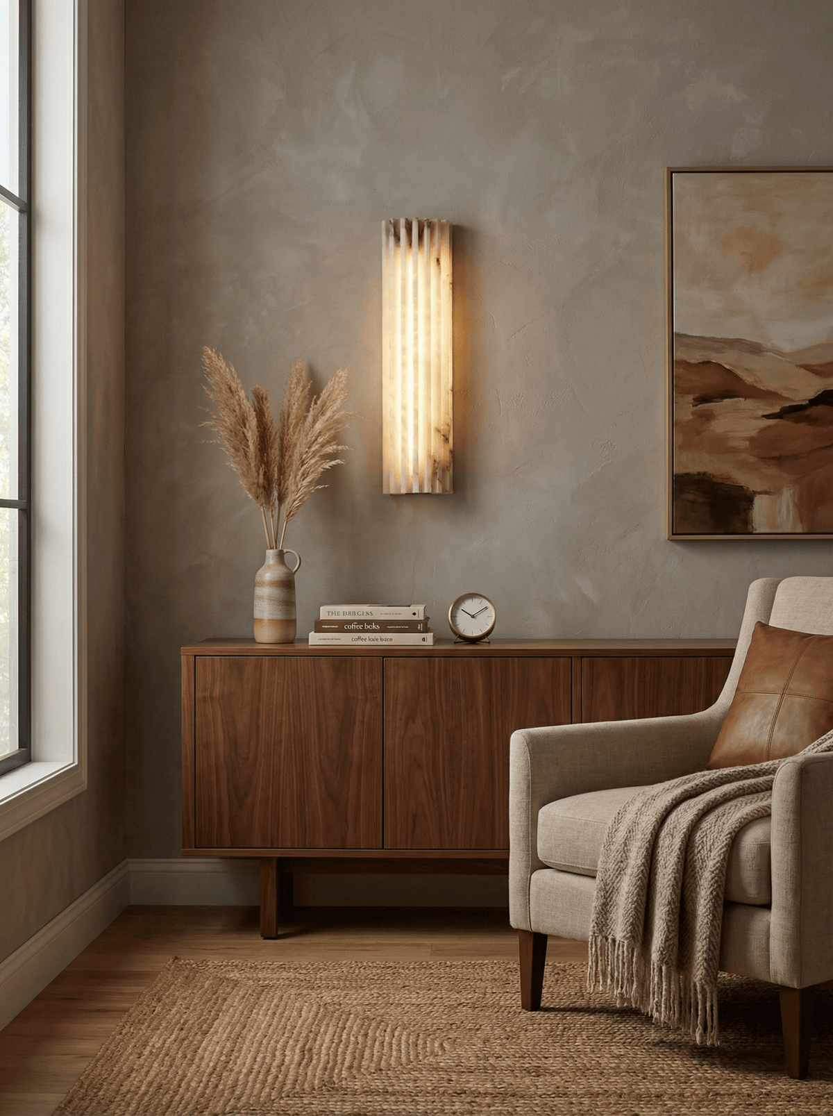 Ribbed Alabaster Wall Sconce, Dimmable LED Stone Wall Light