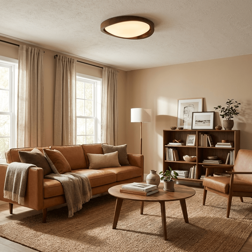 Walnut Flush Mount Ceiling Light, Curved Edge LED Lamp