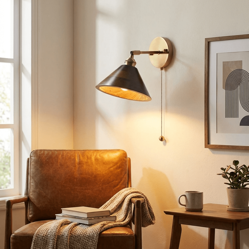 Walnut Wall Sconce, Brass & Wood Wall Lamp with Pull Cord