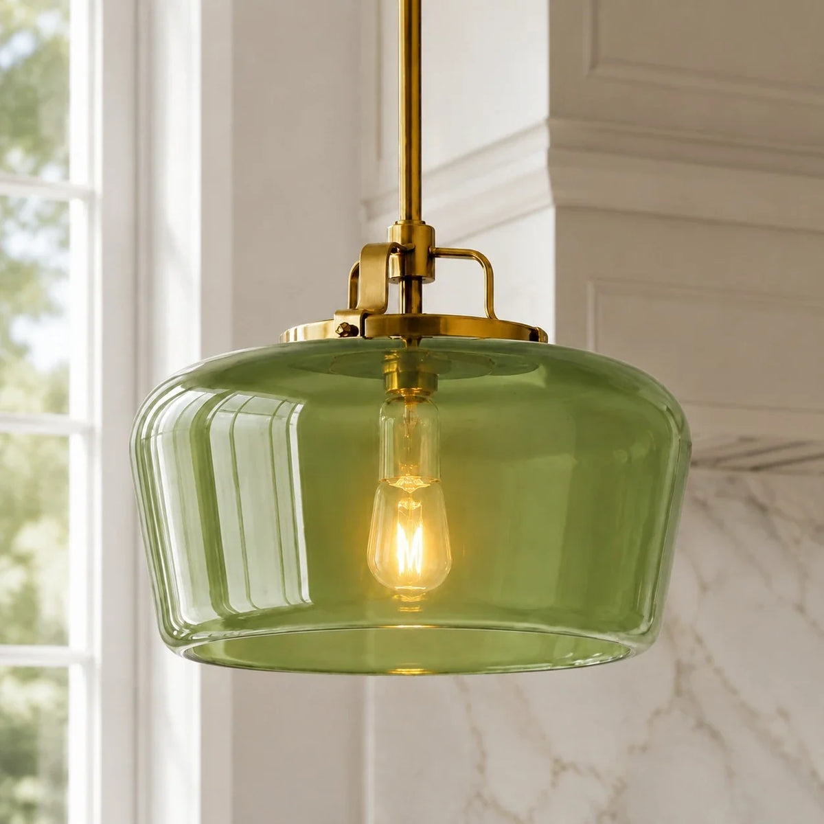 Milk Glass Pendant Light, 15 in Antique Brass Kitchen Light
