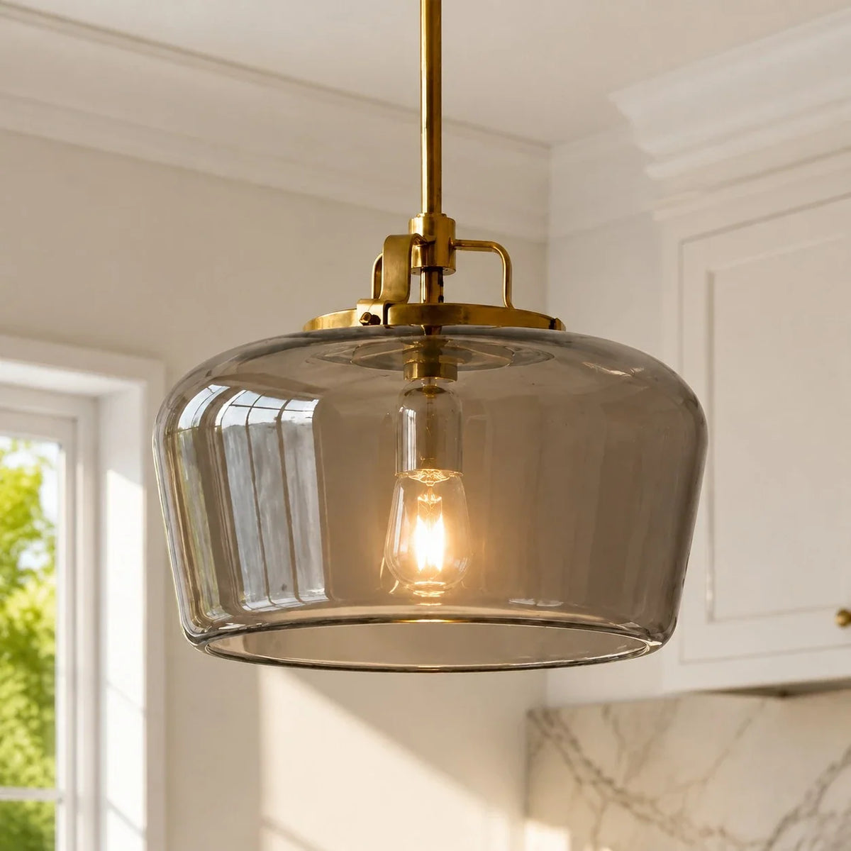 Milk Glass Pendant Light, 15 in Antique Brass Kitchen Light