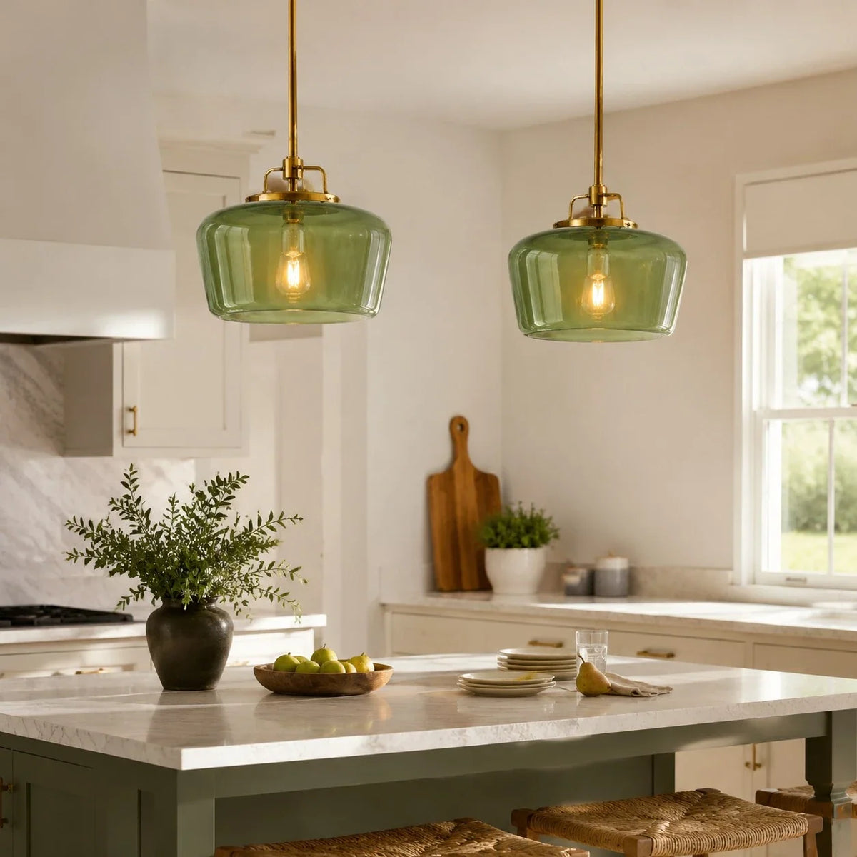 Milk Glass Pendant Light, 15 in Antique Brass Kitchen Light