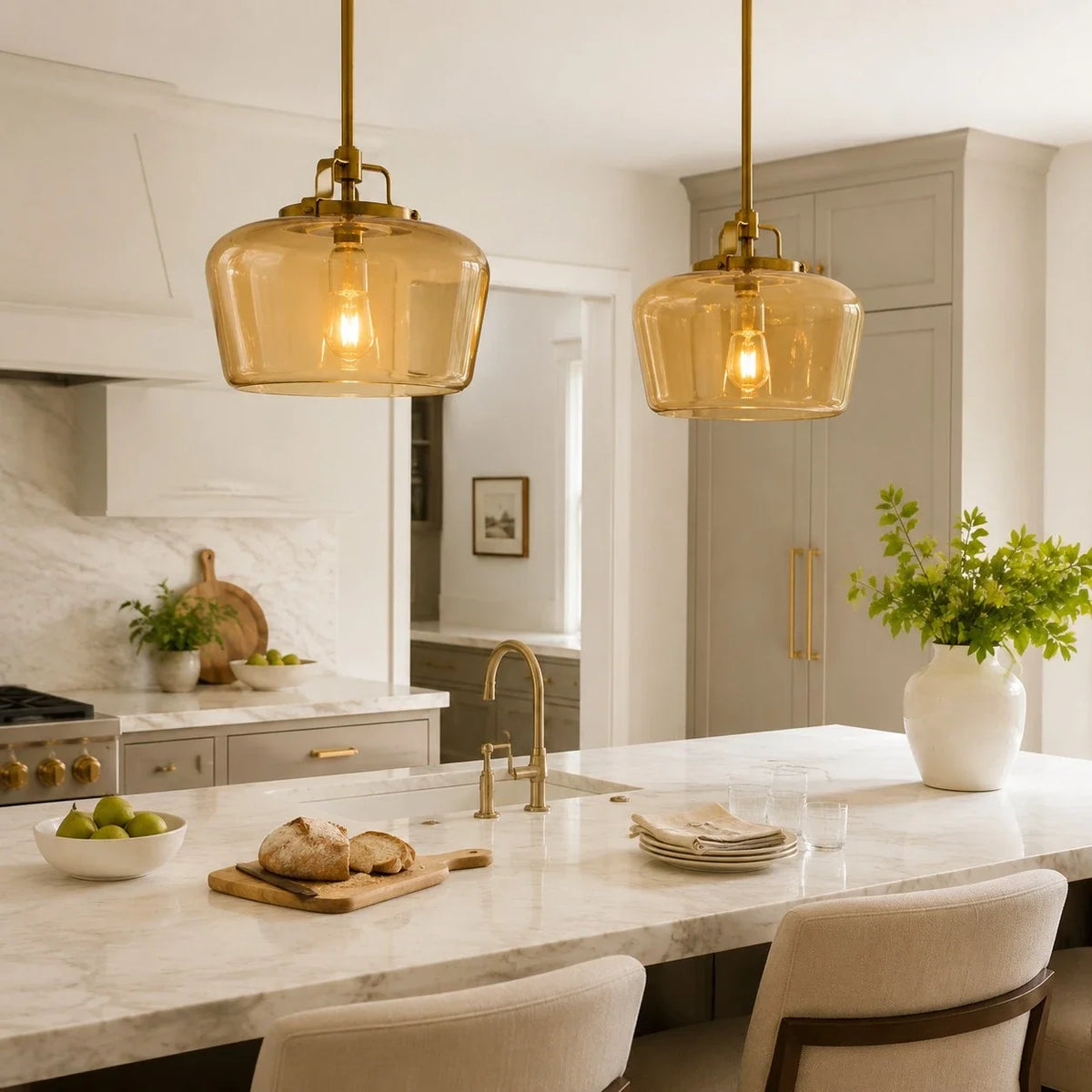 Milk Glass Pendant Light, 15 in Antique Brass Kitchen Light