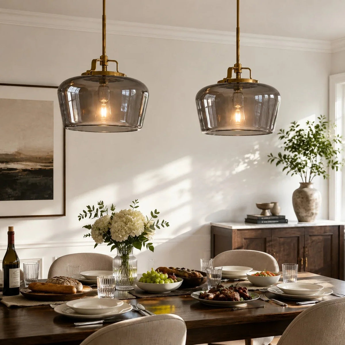 Milk Glass Pendant Light, 15 in Antique Brass Kitchen Light