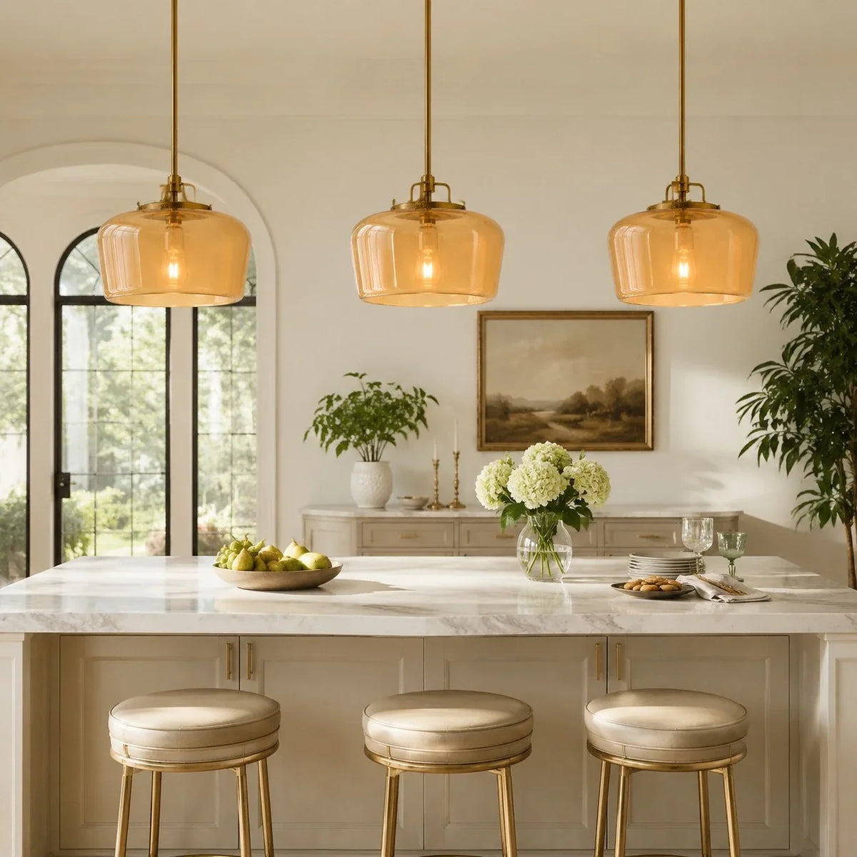 Milk Glass Pendant Light, 15 in Antique Brass Kitchen Light