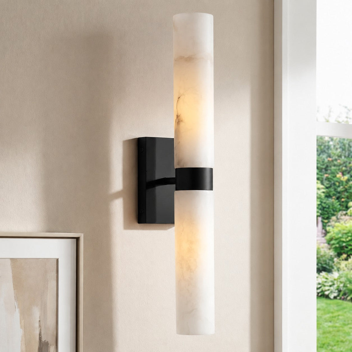 Alabaster Double Tube Sconce, Twin Cylinder Tall Wall Light
