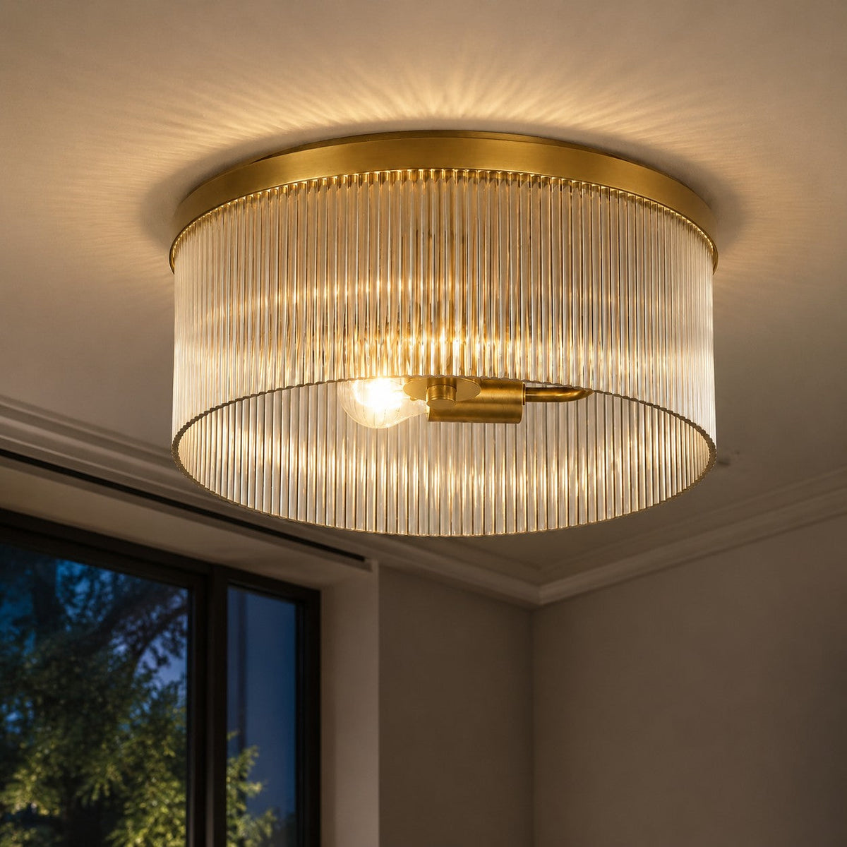 Ribbed Glass Flush Mount Light, Farmhouse 2-Light, 14 in