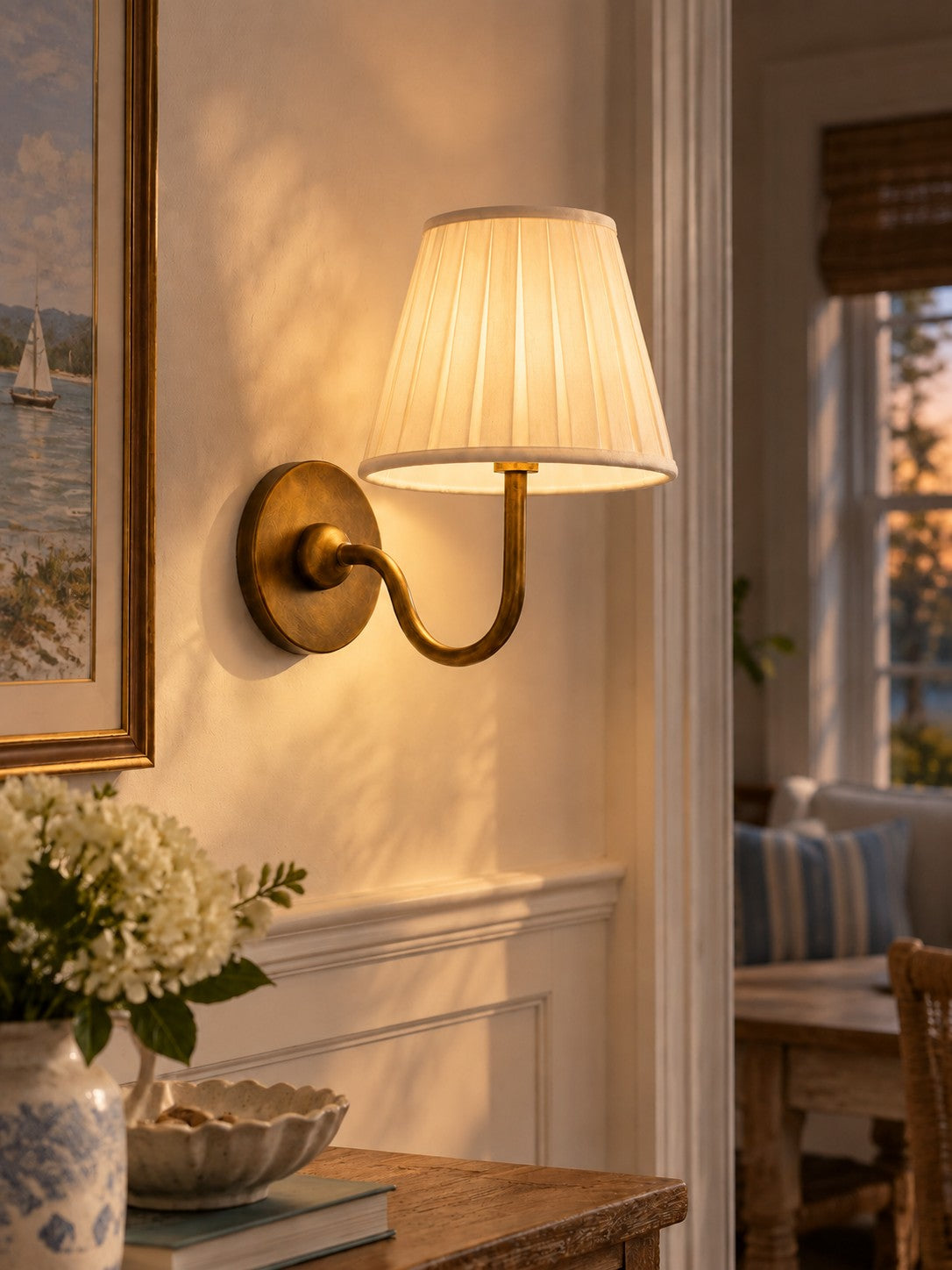 Pleated Fabric Shade Wall Sconce, Vintage Brass Arm Light