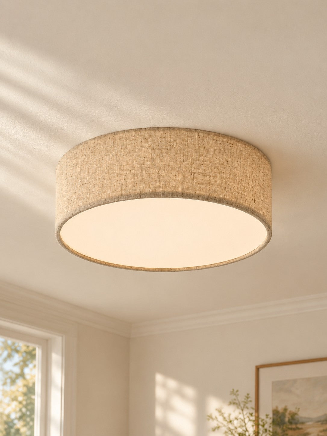 Linen Drum Flush Mount Ceiling Light, Low Profile Lamp