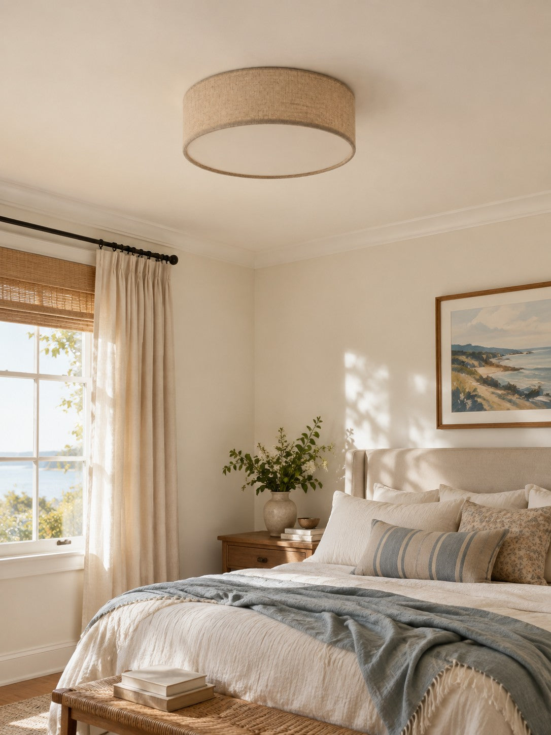 Linen Drum Flush Mount Ceiling Light, Low Profile Lamp