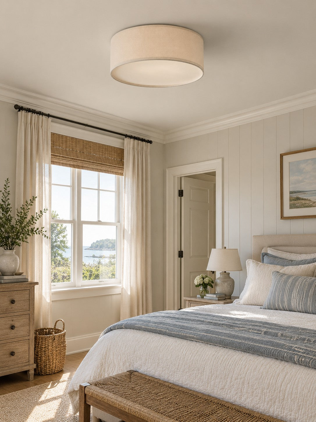 Linen Drum Flush Mount Ceiling Light, Low Profile Lamp