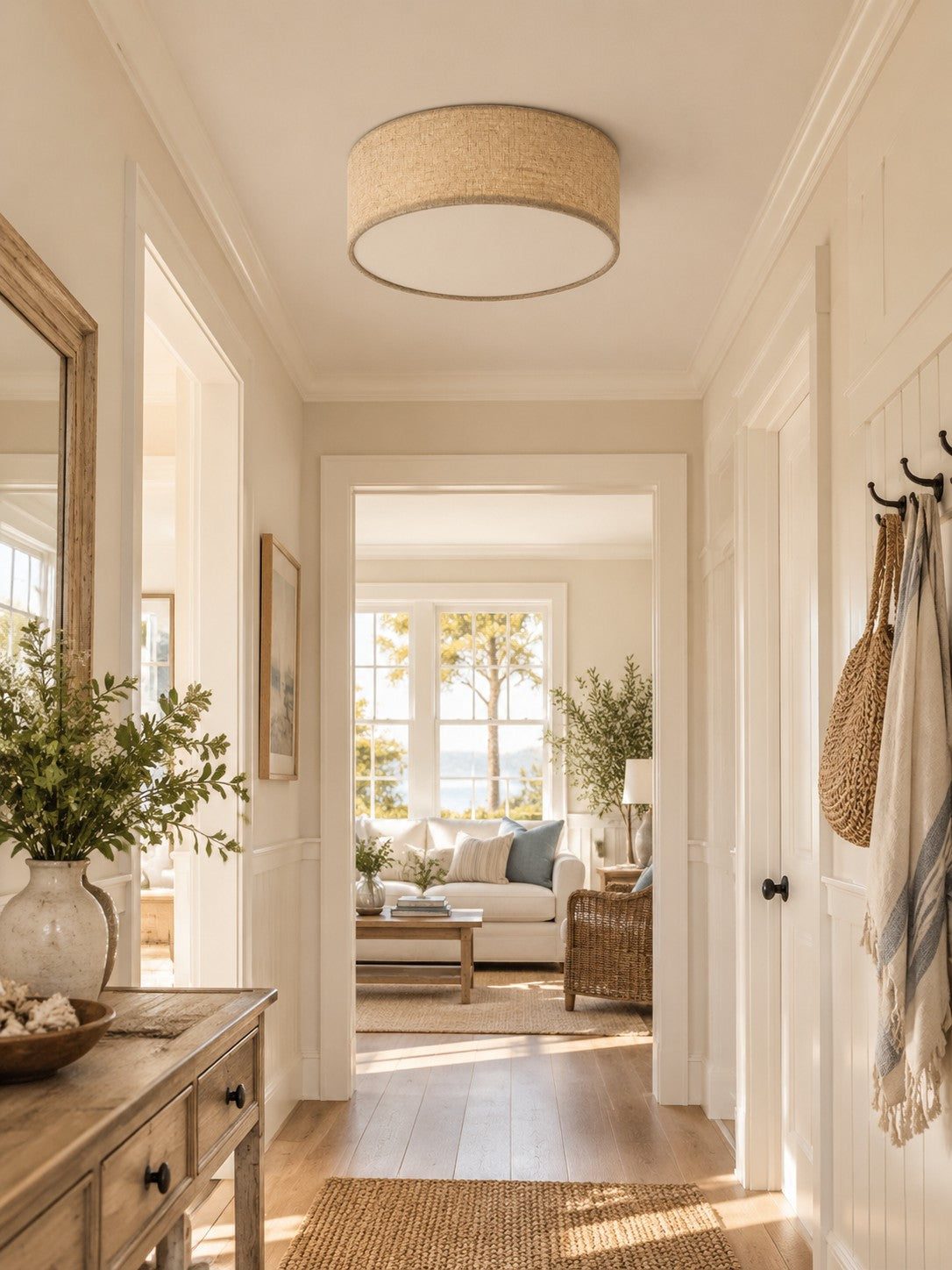 Linen Drum Flush Mount Ceiling Light, Low Profile Lamp