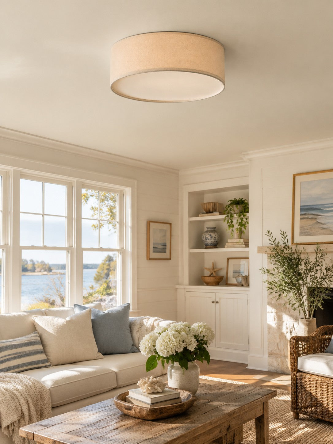 Linen Drum Flush Mount Ceiling Light, Low Profile Lamp