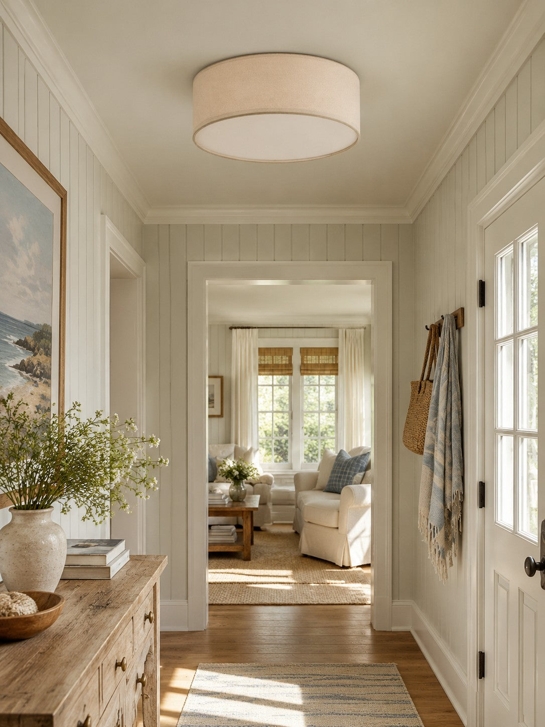 Linen Drum Flush Mount Ceiling Light, Low Profile Lamp