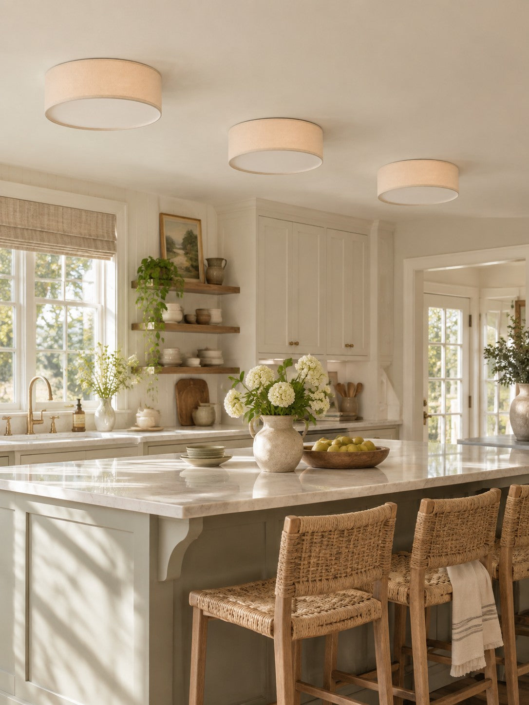 Linen Drum Flush Mount Ceiling Light, Low Profile Lamp