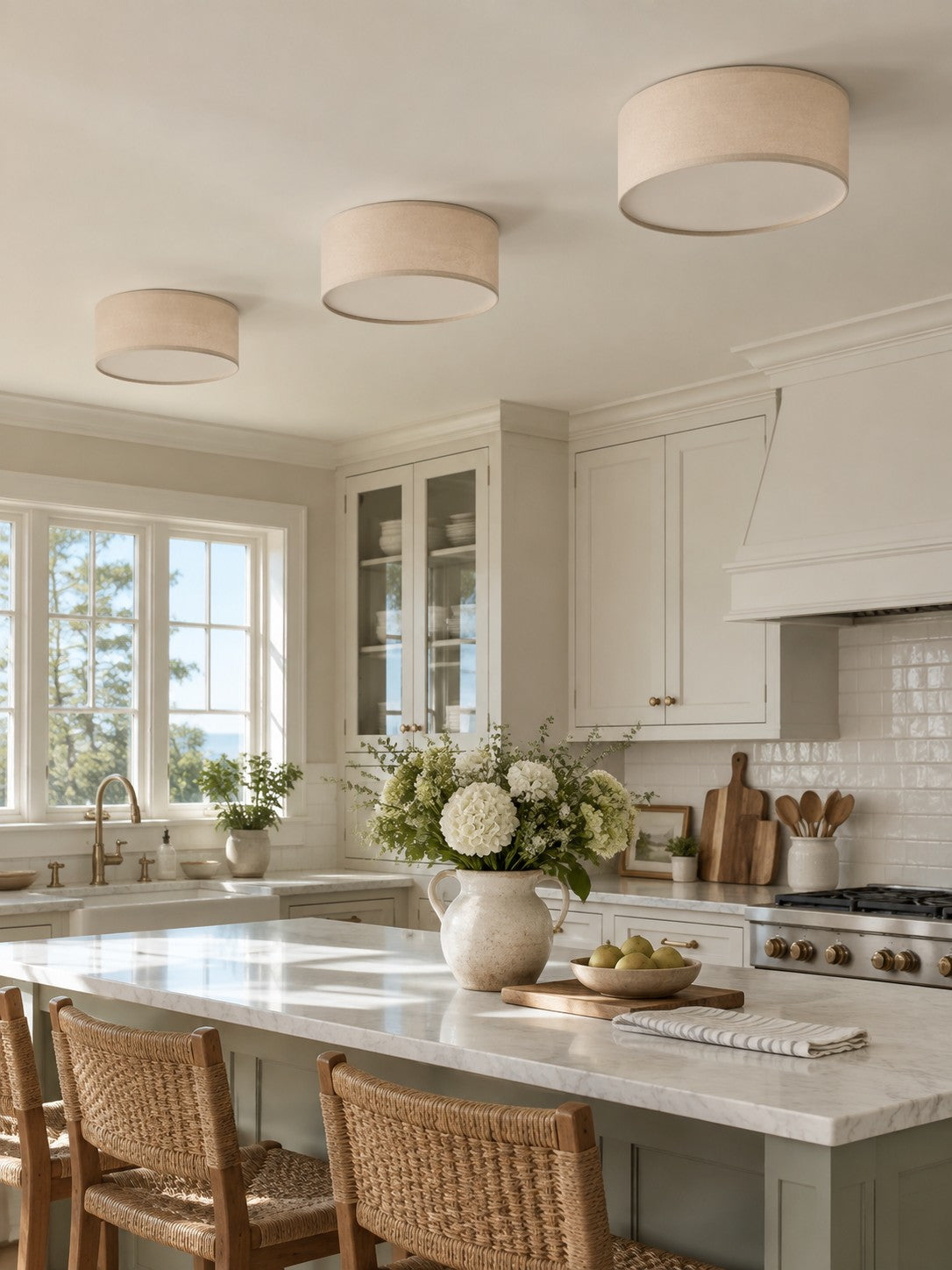 Linen Drum Flush Mount Ceiling Light, Low Profile Lamp