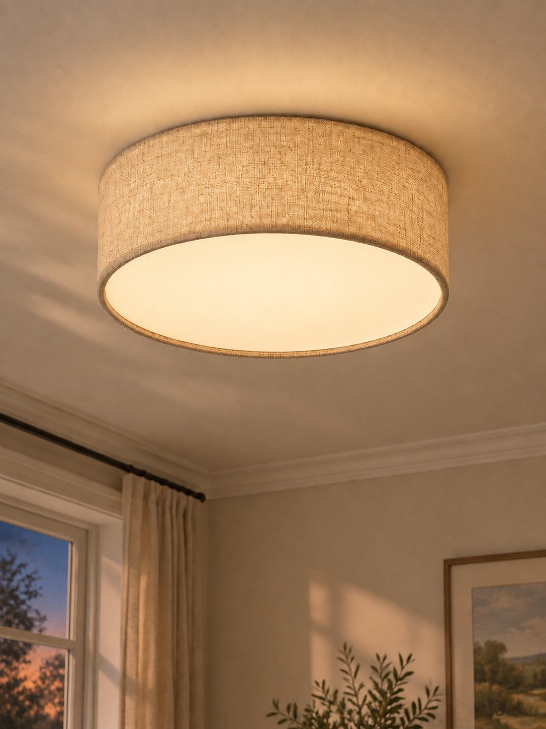 Linen Drum Flush Mount Ceiling Light, Low Profile Lamp