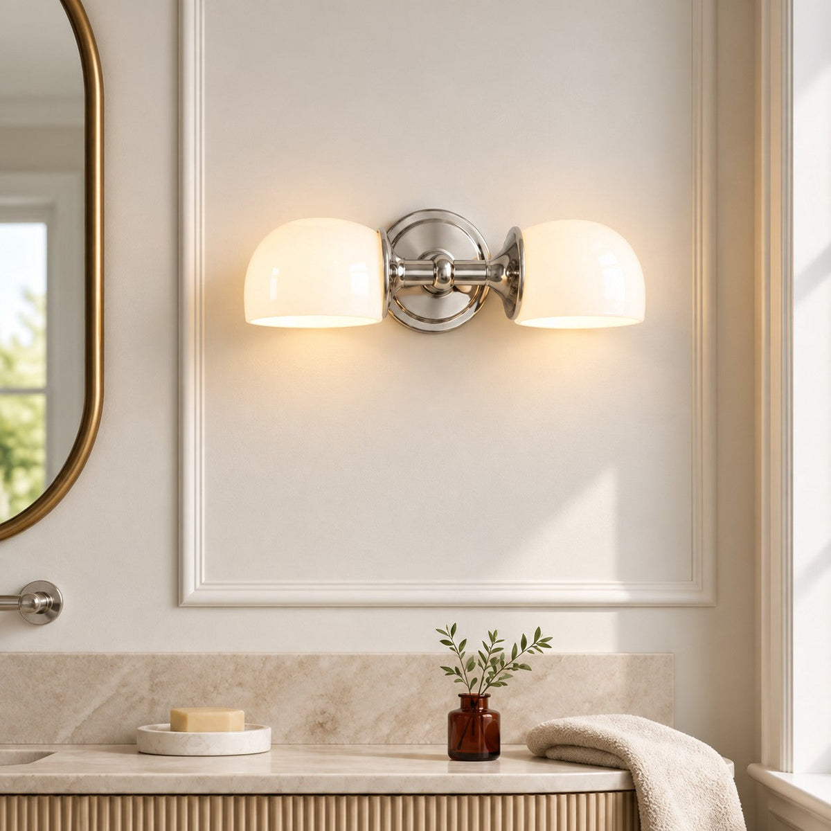 Milk Glass Vanity Light, 2-Light Bathroom Wall Sconce
