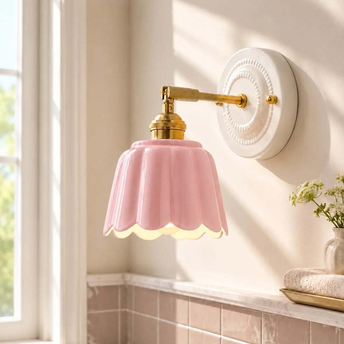 Scalloped Ceramic Wall Sconce, Adjustable Arm Flower Light