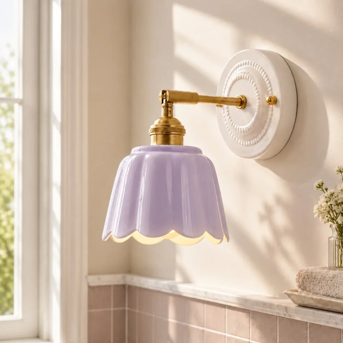 Scalloped Ceramic Wall Sconce, Adjustable Arm Flower Light