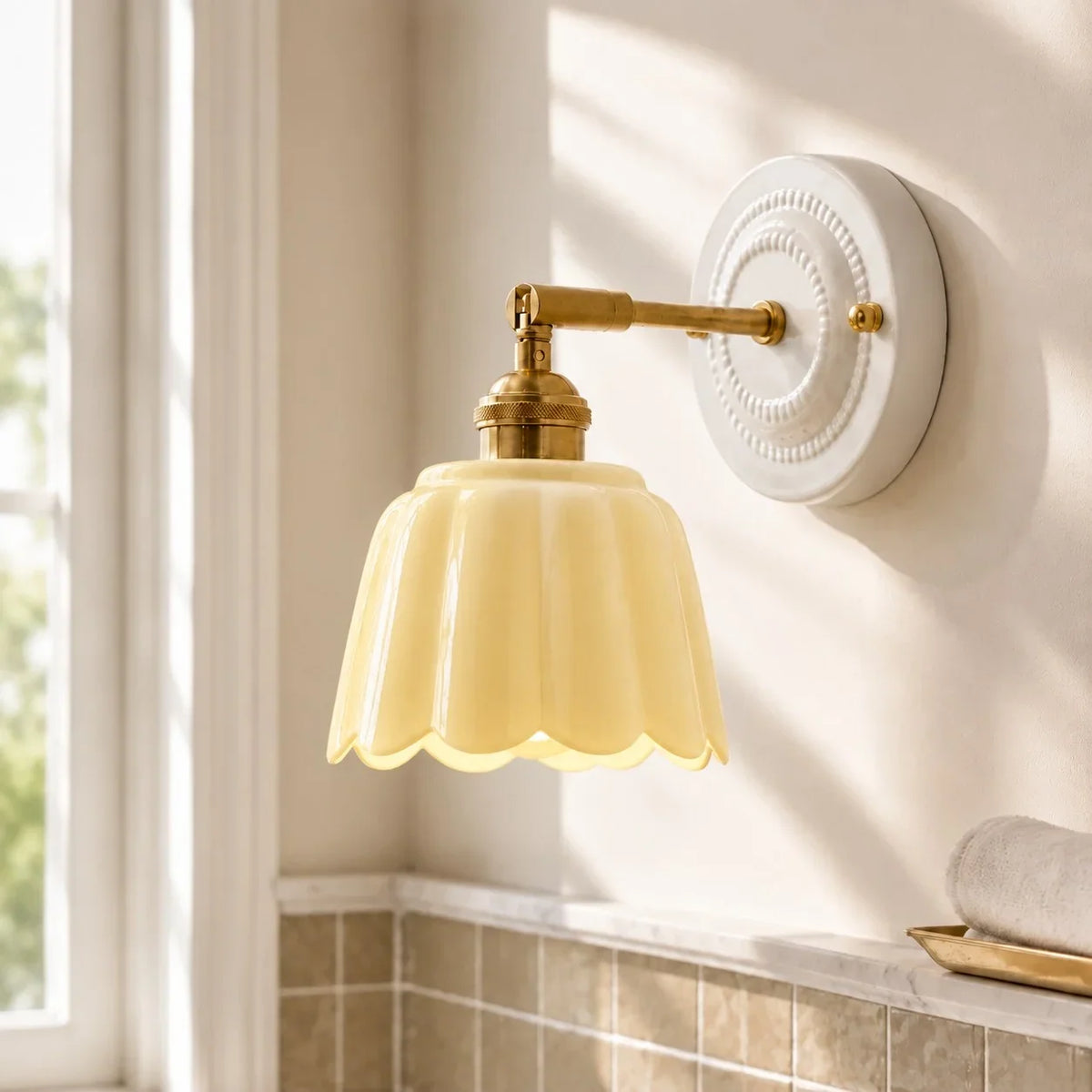 Scalloped Ceramic Wall Sconce, Adjustable Arm Flower Light