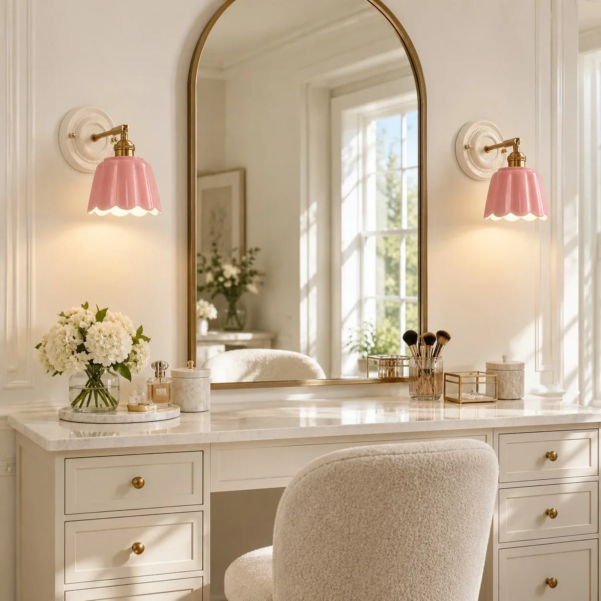 Scalloped Ceramic Wall Sconce, Adjustable Arm Flower Light