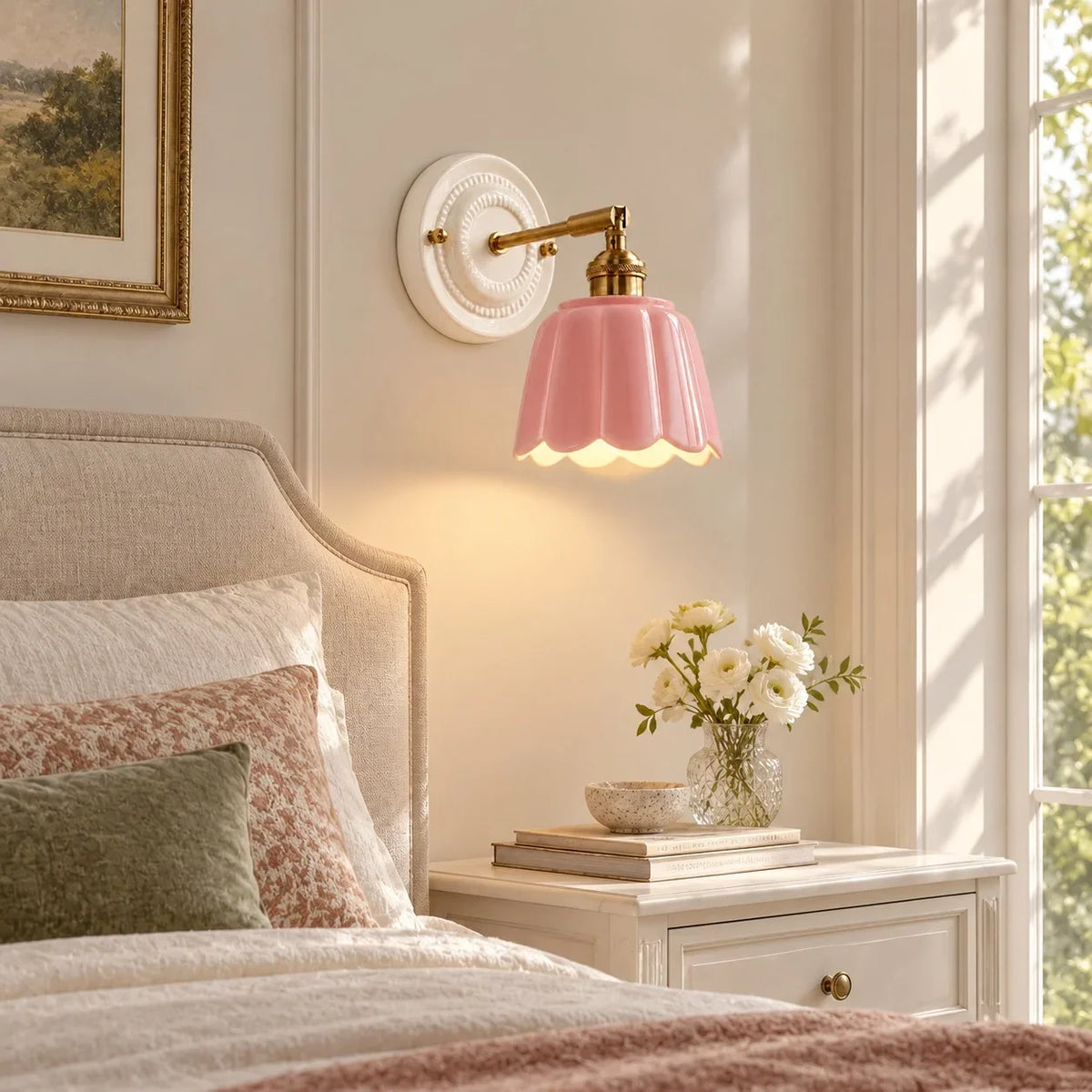 Scalloped Ceramic Wall Sconce, Adjustable Arm Flower Light