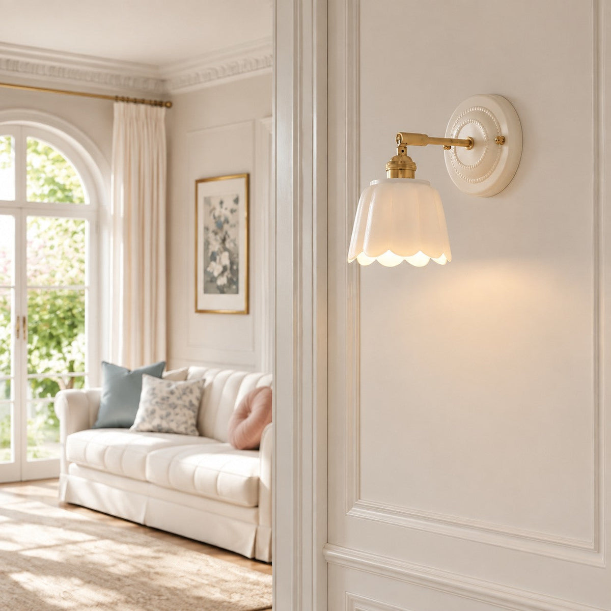 Scalloped Ceramic Wall Sconce, Adjustable Arm Flower Light