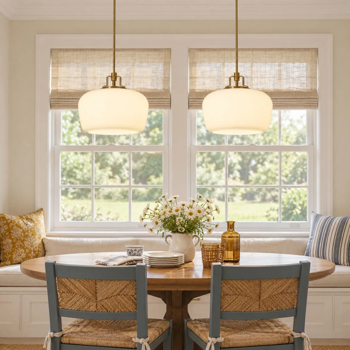 Milk Glass Pendant Light, 15 in Antique Brass Kitchen Light