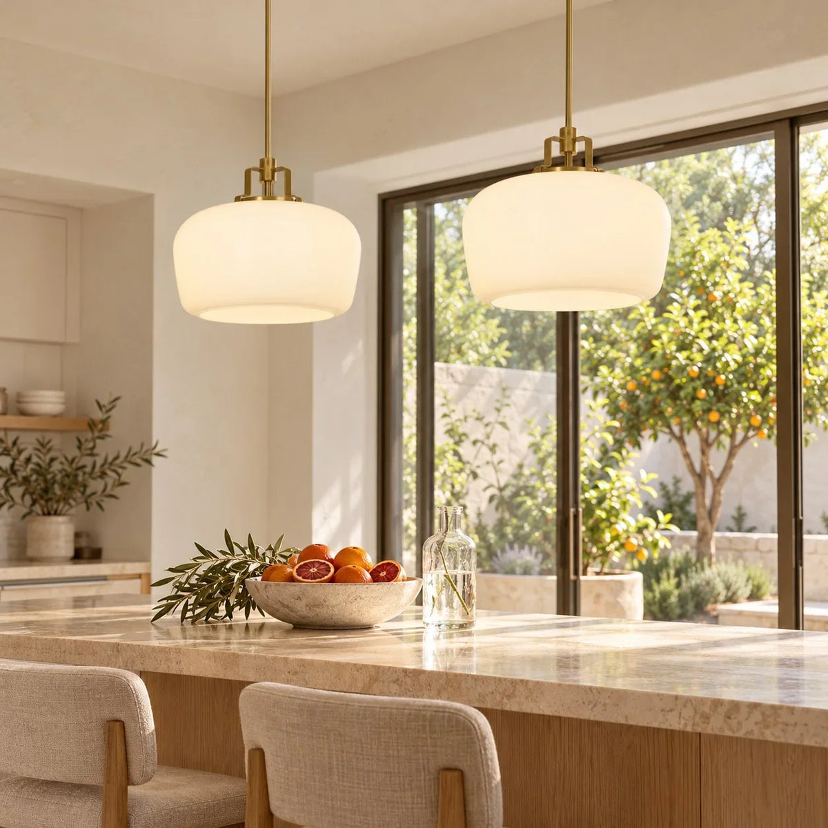 Milk Glass Pendant Light, 15 in Antique Brass Kitchen Light