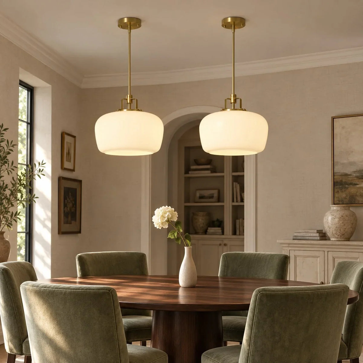 Milk Glass Pendant Light, 15 in Antique Brass Kitchen Light