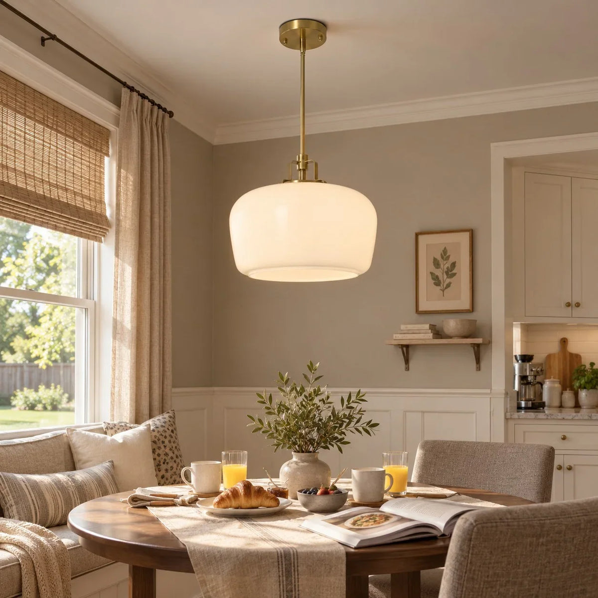 Milk Glass Pendant Light, 15 in Antique Brass Kitchen Light