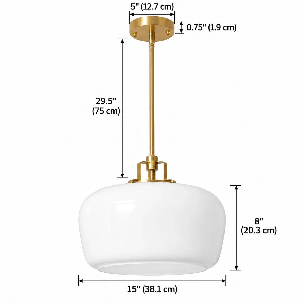 Milk Glass Pendant Light, 15 in Antique Brass Kitchen Light