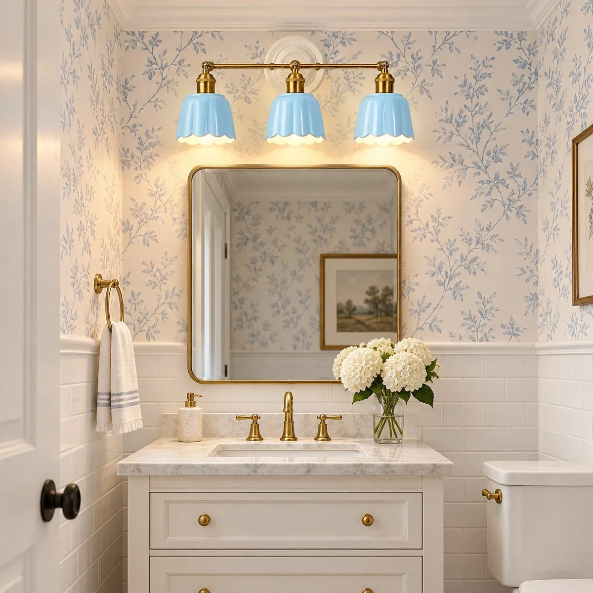 Ceramic Vanity Light, Scalloped Flower 2 or 3 Light Sconce