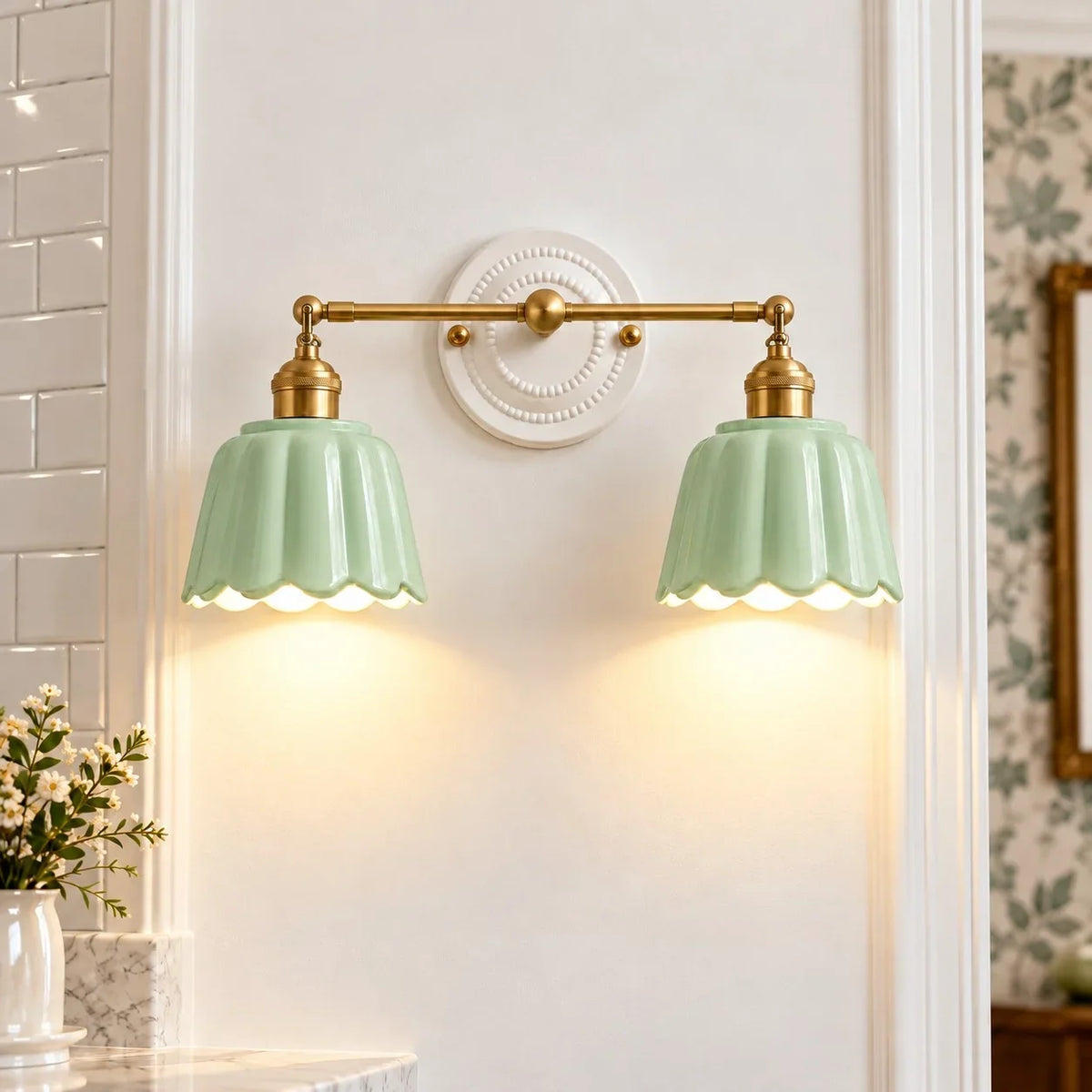 Ceramic Vanity Light, Scalloped Flower 2 or 3 Light Sconce