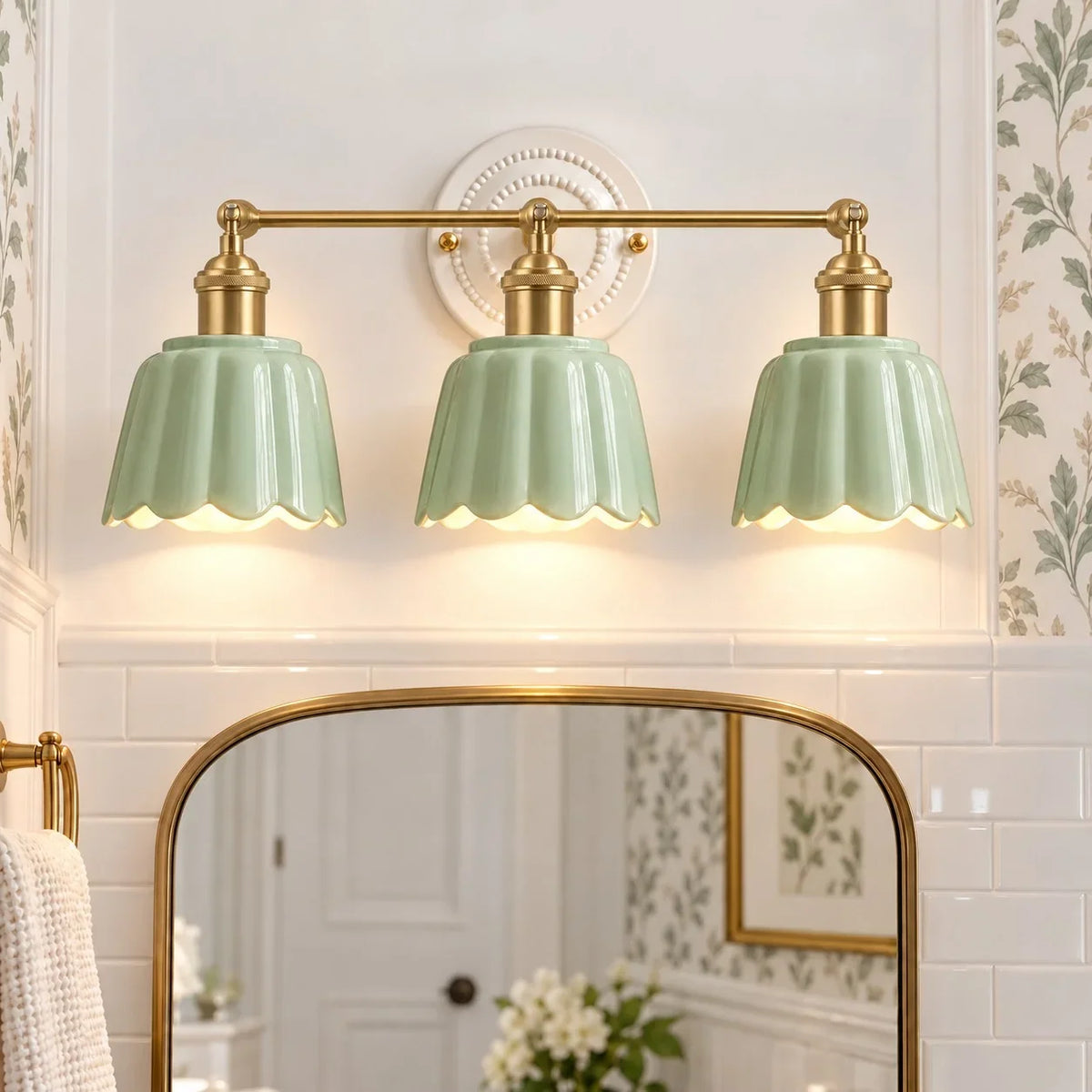 Ceramic Vanity Light, Scalloped Flower 2 or 3 Light Sconce