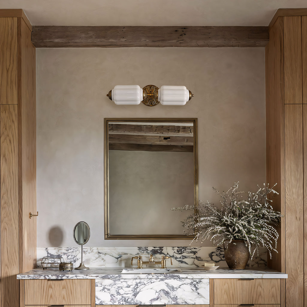 Milk Glass Vanity Light, Art Deco 2-Light Brass or Black