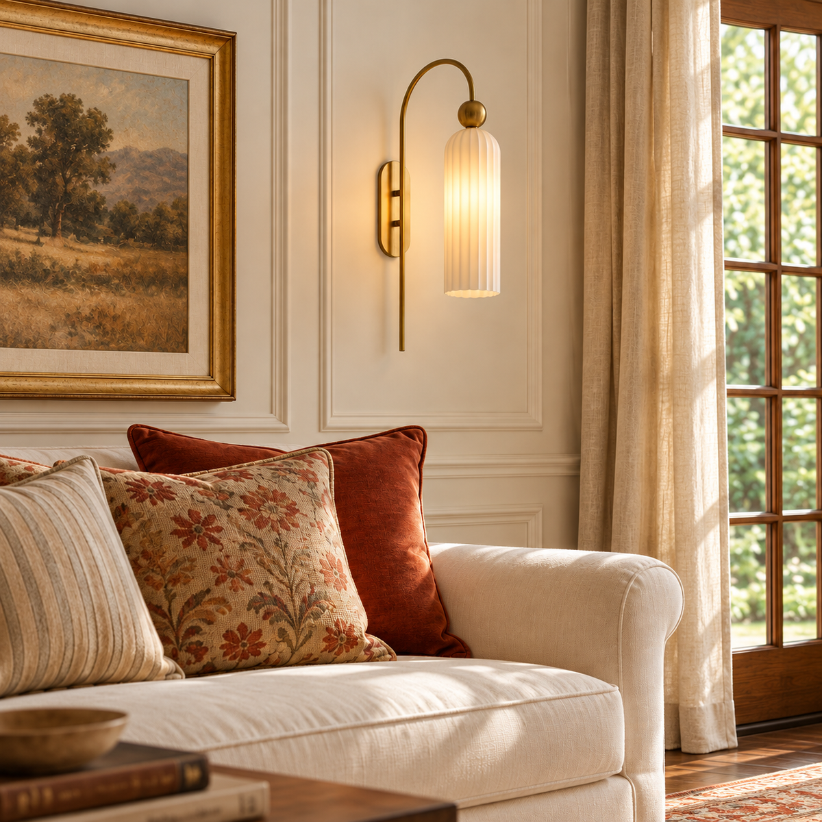 Gold Cylinder Wall Sconce, Tall Ribbed Glass or Alabaster