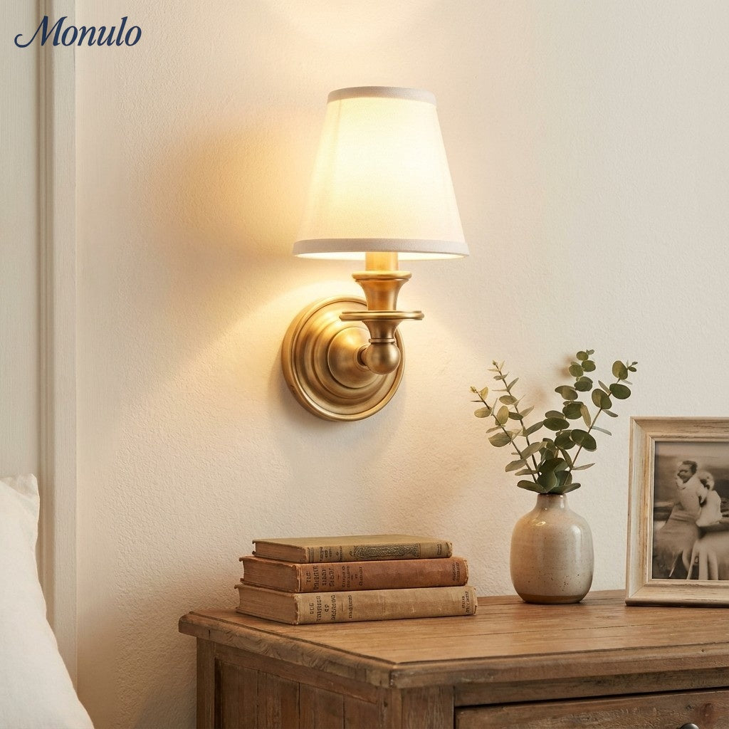 Linen Drum Shade Wall Sconce, Farmhouse Bedroom Wall Lamp
