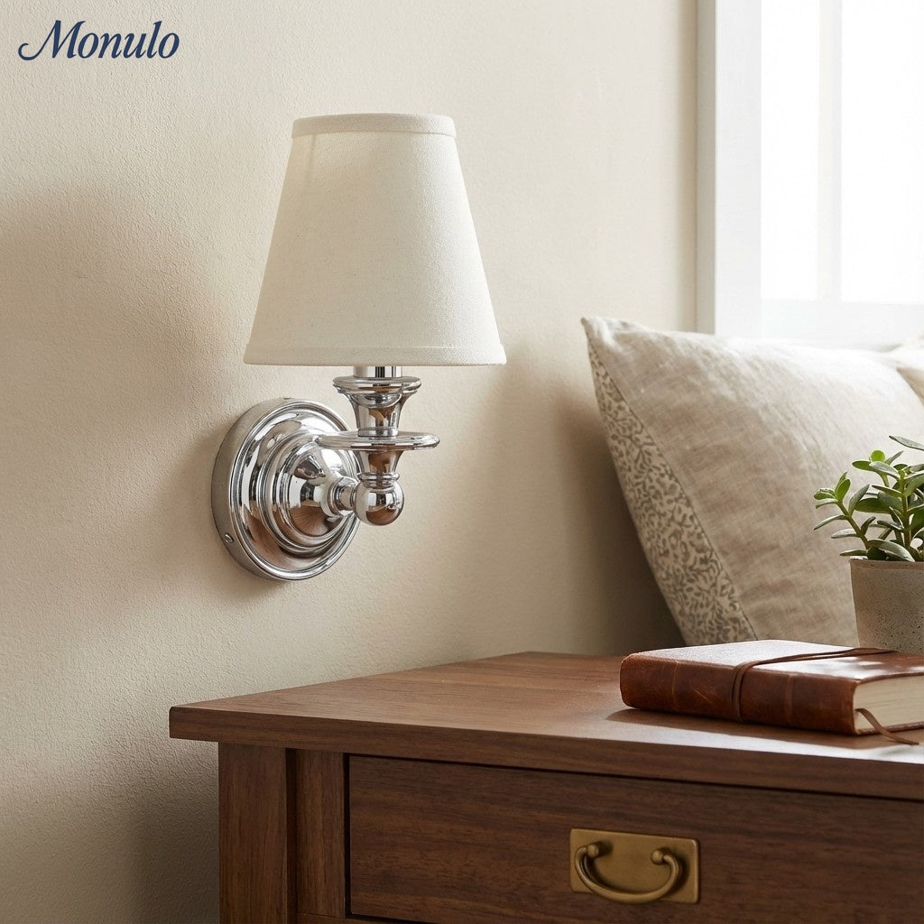 Linen Drum Shade Wall Sconce, Farmhouse Bedroom Wall Lamp