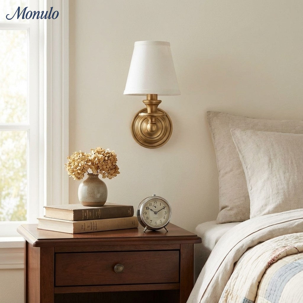 Linen Drum Shade Wall Sconce, Farmhouse Bedroom Wall Lamp